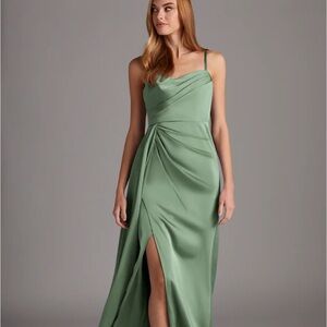 Azazie Bona matcha stretch satin Aline v neck. Worn once. No alterations made.